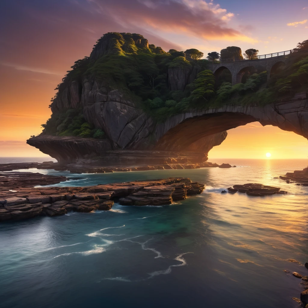 Aerial view of rocky landscape,Bridge across the water, Gorgeous background, Beautiful and natural rim light, Mysterious environment, Nature Wallpapers, Artistic 4K, an Stunning scenery image, Amazing depth, Beautiful wallpapers, Stunning screensaver, Ocean and rocky landscape, Stunning scenery, Stunning scenery, Rock Arch, breathtaking composition, Amazing wallpapers, nice environment, Sunset