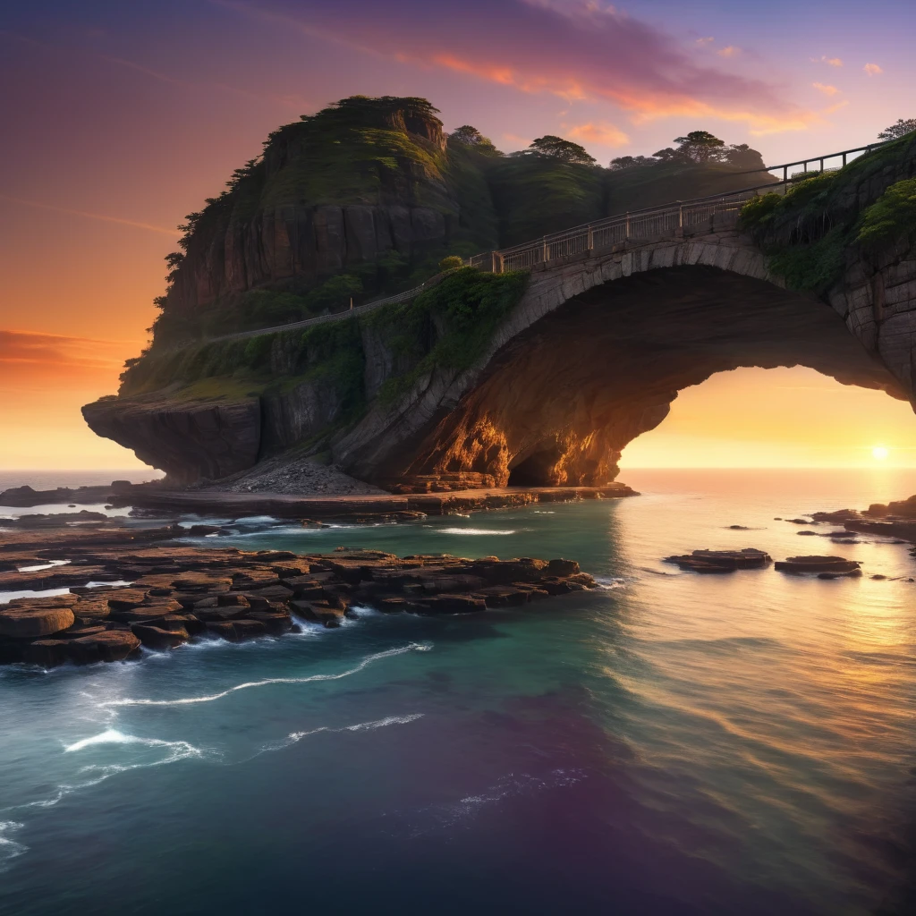 Aerial view of rocky landscape,Bridge across the water, Gorgeous background, Beautiful and natural rim light, Mysterious environment, Nature Wallpapers, Artistic 4K, an Stunning scenery image, Amazing depth, Beautiful wallpapers, Stunning screensaver, Ocean and rocky landscape, Stunning scenery, Stunning scenery, Rock Arch, breathtaking composition, Amazing wallpapers, nice environment, Sunset