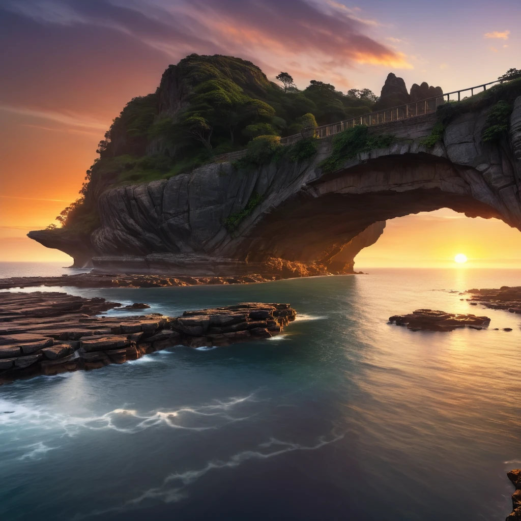 Aerial view of rocky landscape,Bridge across the water, Gorgeous background, Beautiful and natural rim light, Mysterious environment, Nature Wallpapers, Artistic 4K, an Stunning scenery image, Amazing depth, Beautiful wallpapers, Stunning screensaver, Ocean and rocky landscape, Stunning scenery, Stunning scenery, Rock Arch, breathtaking composition, Amazing wallpapers, nice environment, Sunset