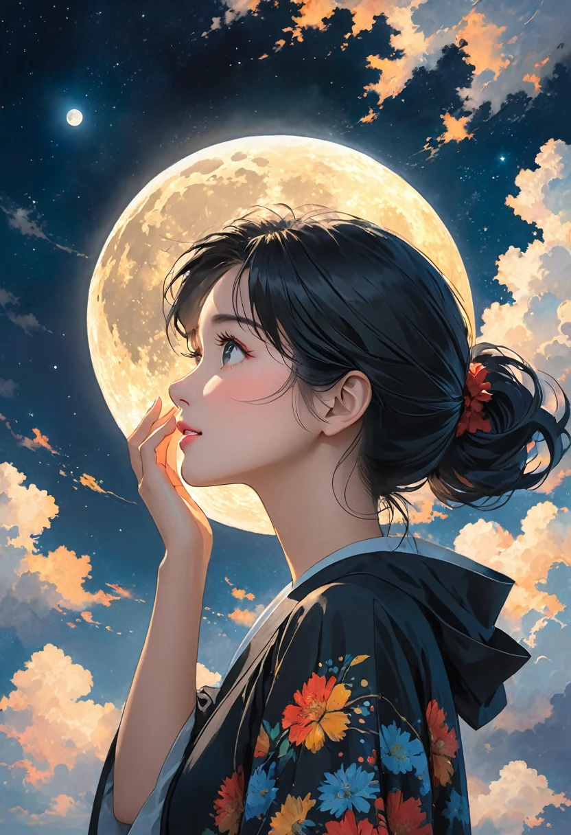 woman holding the moon up to her face while looking at the sky, 1girl, solo, black hair