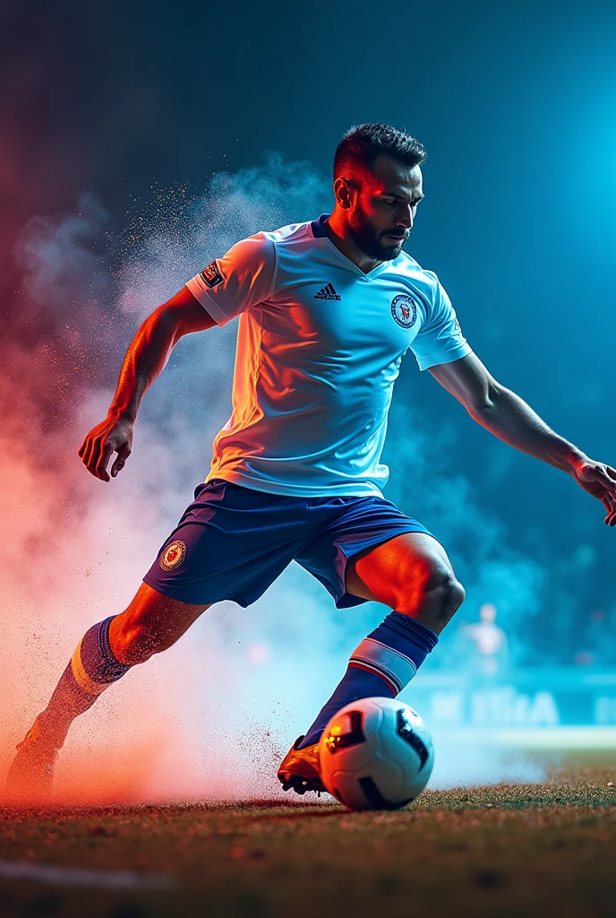 One man, beautiful detailed Football player of the Zenit football club, White and blue football uniform, stroboscopic effect, action shot, dynamic motion blur, Gjon Mili style, dramatic lighting, high contrast, vivid colors, (8k, highres:1.2), ultra-detailed, (realistic, photorealistic, photo-realistic:1.37), masterpiece, best quality, very aesthetic, absurdres