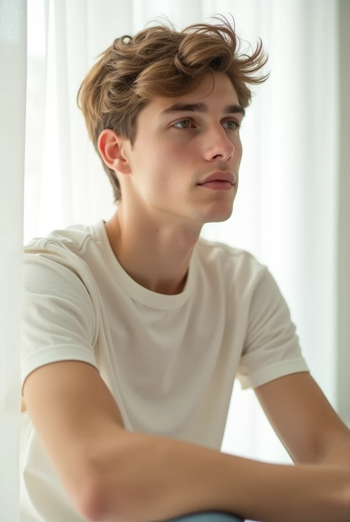 19 year old young man, White skin, high, with light brown hair and light brown eyes sitting on a white background, looked to one side