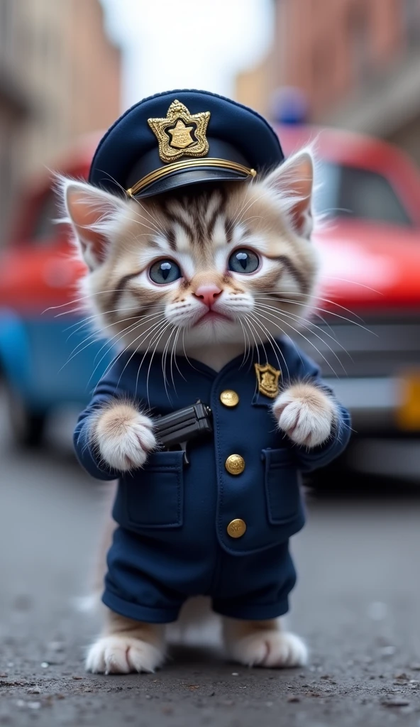 Cute miniature 'light purple and white' colour kitten, wearing dark blue police costume and police cap,  police gun in the pocket, police car in the background. 