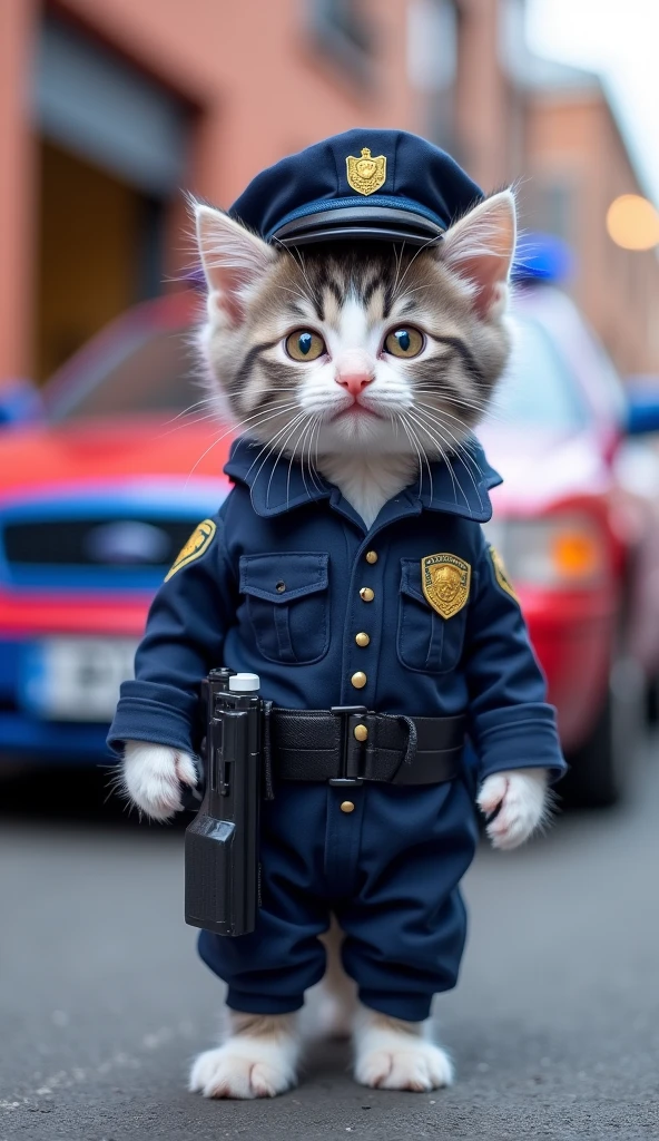 Cute miniature 'light purple and white' colour kitten, wearing dark blue police costume and police cap,  police gun in the pocket, police car in the background. 