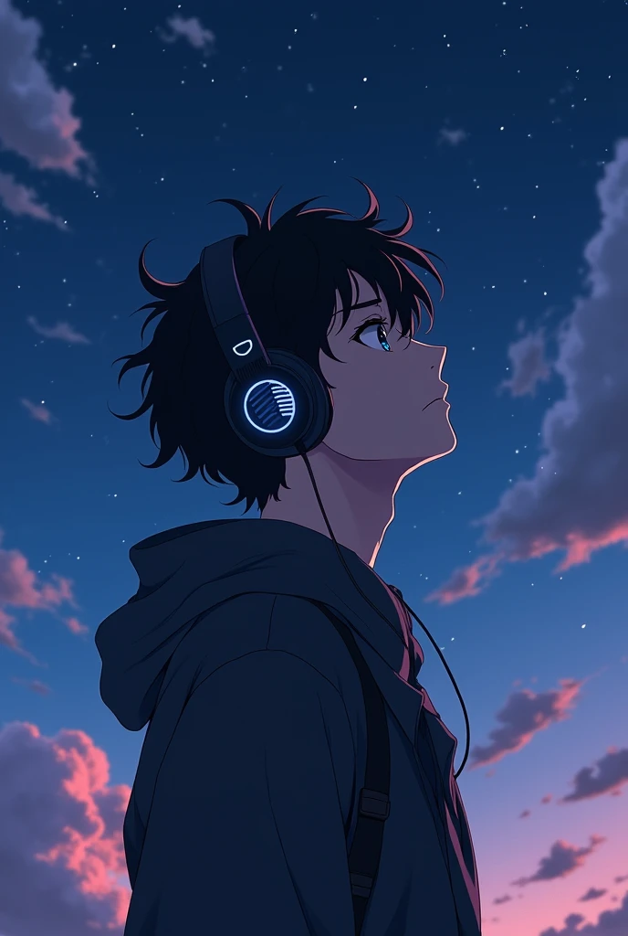 Sad Anime men Aesthetic Listening Music And See On Sky side pose With Headphones realesticPic
