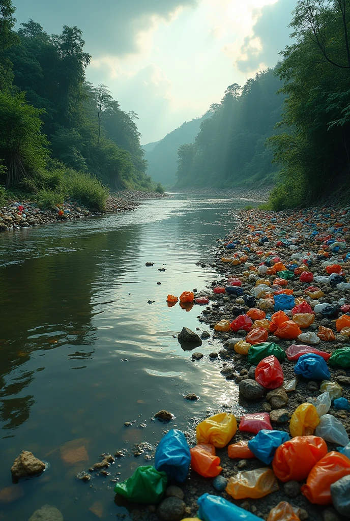 Polluted river full of plastic bags
