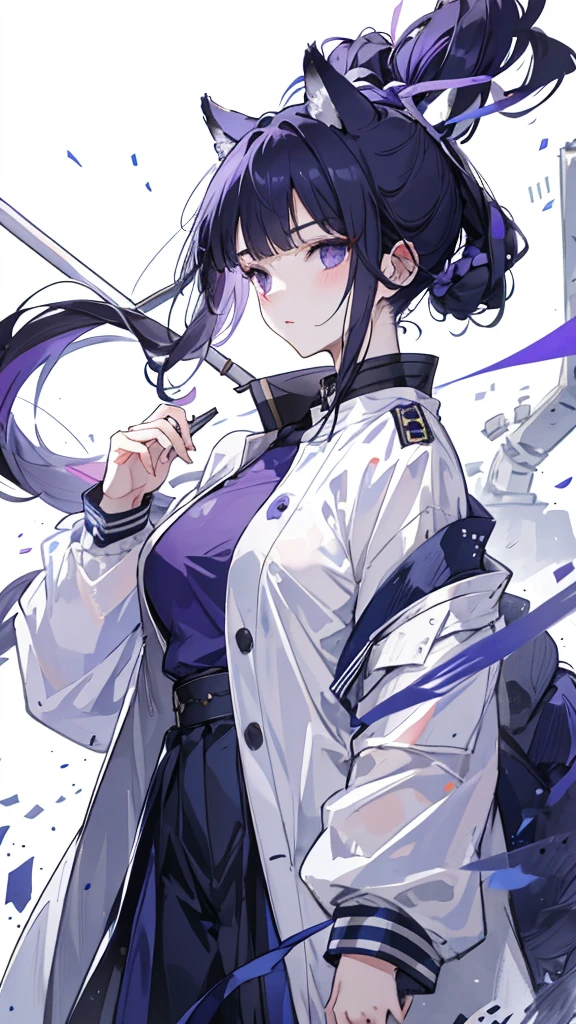 Navy blue short ponytail，black eyes，Wolf's ears，White military uniform and purple windbreaker，longbow