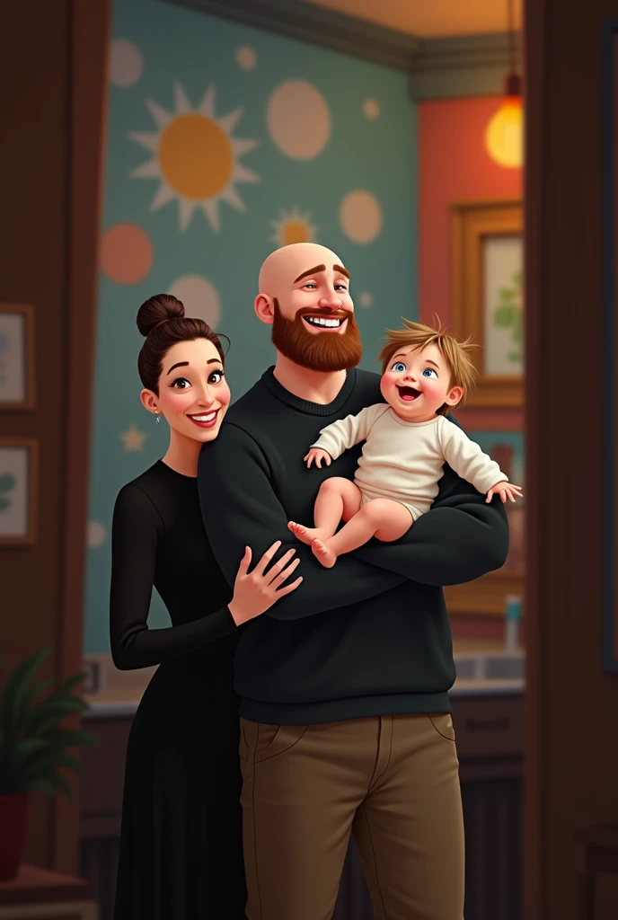 family of 3 people, an adult couple and an 8-month-old baby. The father is in the center, he is the tallest, big and strong, shaved bald hair and has a medium black Viking-style beard, with light brown eyes and a big smile. The father is holding the 8-month-old baby in his left arm. The eight-month-old baby has dark blond hair and big dark blue eyes. The mother has light brown hair and light brown eyes, her hair tied up and a beautiful smile, she is very beautiful and elegant. Character should be colorful and have a fun, friendly look, with exaggerated, expressive features. Pixar style