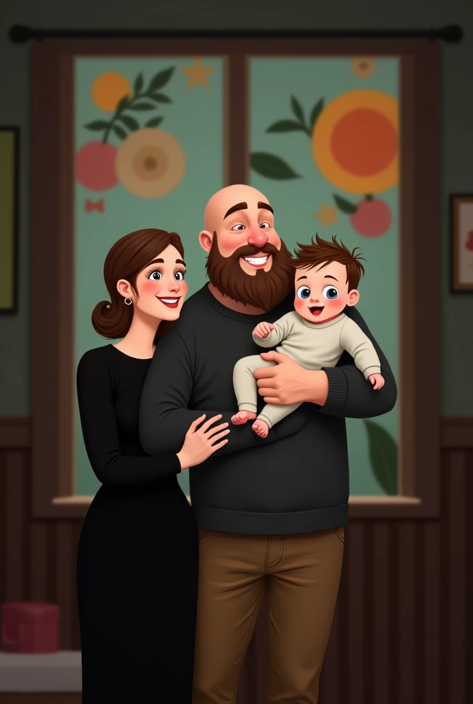 family of 3 people, an adult couple and an 8-month-old baby. The father is in the center, he is the tallest, big and strong, shaved bald hair and has a medium black Viking-style beard, with light brown eyes and a big smile. The father is holding the 8-month-old baby in his left arm. The eight-month-old baby has dark blond hair and big dark blue eyes. The mother has light brown hair and light brown eyes, her hair tied up and a beautiful smile, she is very beautiful and elegant. Character should be colorful and have a fun, friendly look, with exaggerated, expressive features.  Pixar style