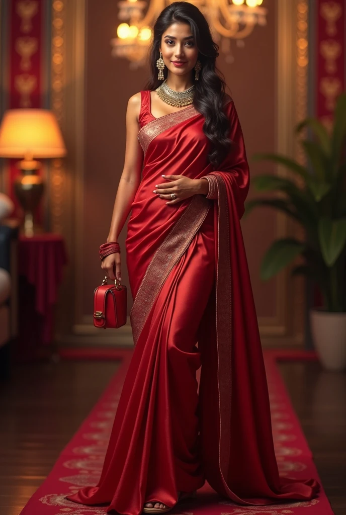 Full body image length including feet and sandals, full length photograph, 32 years old female, sexy saree and blouse with purse, party mood, big cheeks, super stylish dress with firm 36C cup breasts, accessories, earrings, necklace, erotic face, ponytail, look at viewer and smile, (cinematic:1.3), intricate details, (ArtStation:1.2)