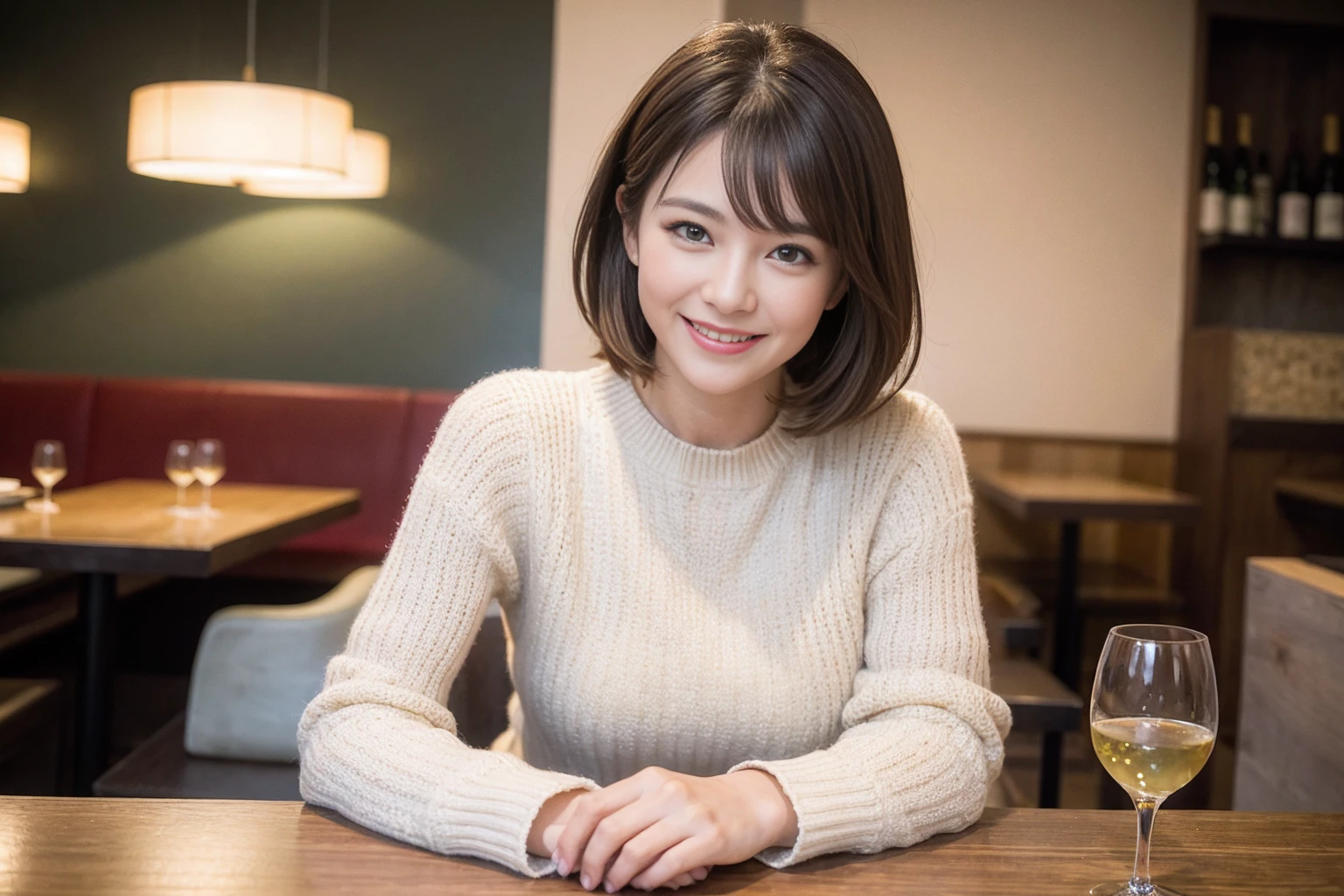 ((Highest quality、8k、masterpiece:1.3))、slimカップル、modelカップル、(Realistic, Intricate details:1.2), sashimi、Tempura、Japanese sake、Shochu 、Amazing view of the sunset sky and clouds、A bright smile、The wonderfulness of smile、Bright image、The beauty of wine, Beautiful Face, blue eyes, The light shines on your face, blush, short hair,Bright Face、 (Age 37), 39 years old, sparkling wine、Two beauties、Brown Hair、Shortcuts、Long sleeve shirt、dress、Beautiful woman 1, (slimな顔), (The body is slim), (Brown Hair), (Shortcuts), cheeks turn a little red,Attractive beauty、restaurant, In a prominent place (From the waist up) Nova Frog Style, actress, model, Upper Body, White wine, slim, smile, (smile: 1.15), Beautiful fine grain, Depth f/2,saturation, High Contrast, Strong light and shadow,Moist Body:1.5、3D texture、Delicate eyes、Brown Hair、The hair is very shiny、