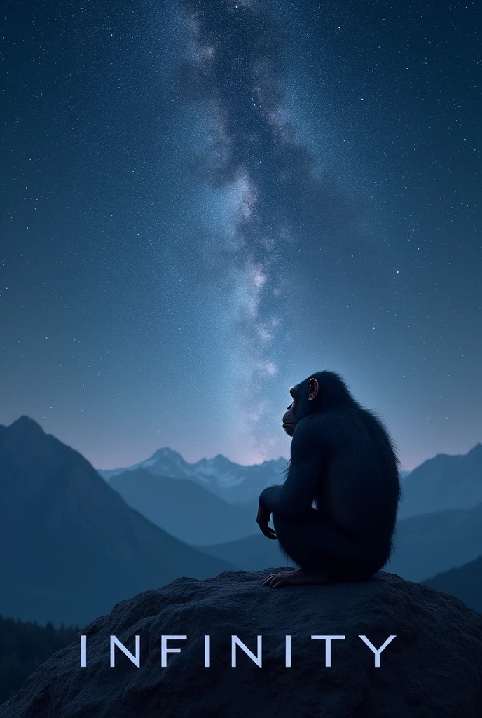 The words "INFINITY" written in large letters at the bottom of the screen, ((masterpiece, highest quality, Highest image quality, High resolution, photorealistic, Raw photo, 8K)), ((Extremely detailed CG unified 8k wallpaper)), In the middle of the night, a chimpanzee sits on a rock at the top of a mountain, looking up at the stars, he gets a new idea about the origin of mankind, view from below,