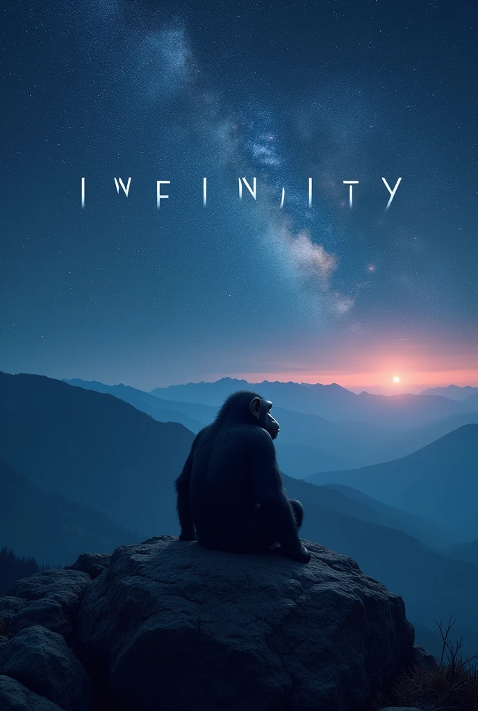 The words "INFINITY" written in large letters at the bottom of the screen, ((masterpiece, highest quality, Highest image quality, High resolution, photorealistic, Raw photo, 8K)), ((Extremely detailed CG unified 8k wallpaper)), In the middle of the night, a chimpanzee sits on a rock at the top of a mountain, looking up at the stars, he gets a new idea about the origin of mankind, view from below,
