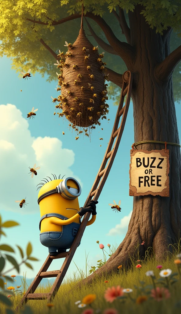 A Minion (Kevin) with a long stick in his hand is standing on a long ladder leaning against a tree and held by Minion (Bob). With the stick he is hitting a very large wasp nest hanging from a branch with numerous hornets buzzing around it. A large sign hanging on the tree reads "BUZZ FOR FREE".