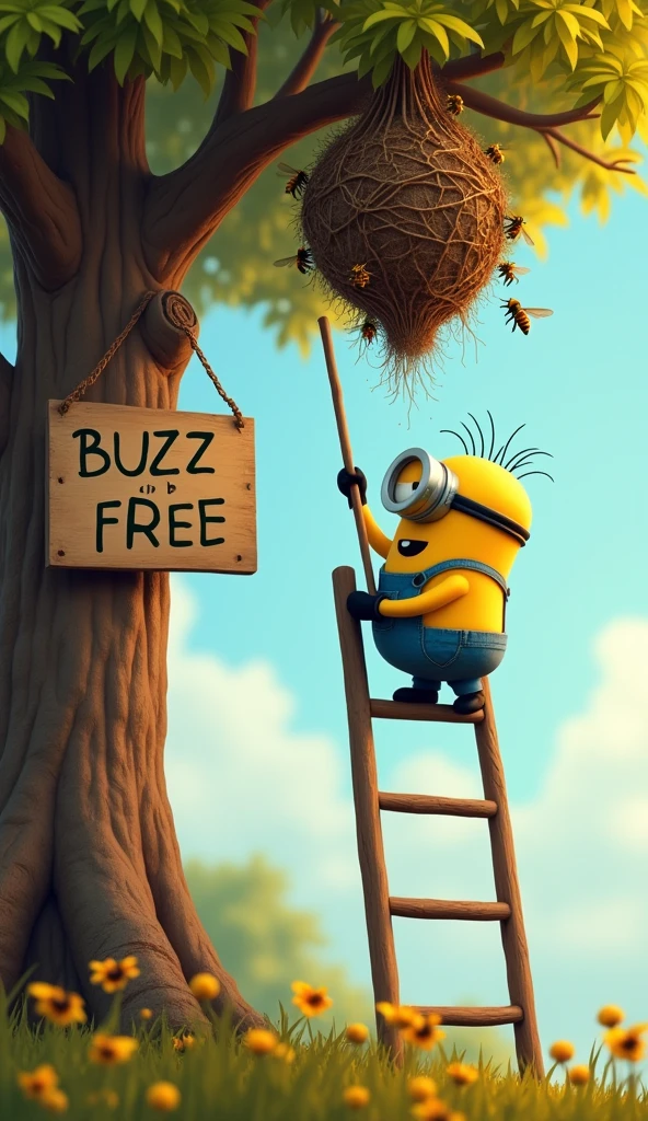 A Minion (Kevin) with a long stick in his hand is standing on a long ladder leaning against a tree and held by Minion (Bob). With the stick he is hitting a very large wasp nest hanging from a branch with numerous hornets buzzing around it. A large sign hanging on the tree reads "BUZZ FOR FREE".