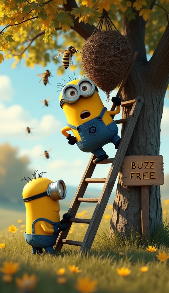 A Minion (Kevin) with a long stick in his hand is standing on a long ladder leaning against a tree and held by Minion (Bob). With the stick he is hitting a very large wasp nest hanging from a branch with numerous hornets buzzing around it. A large sign hanging on the tree reads "BUZZ FOR FREE".