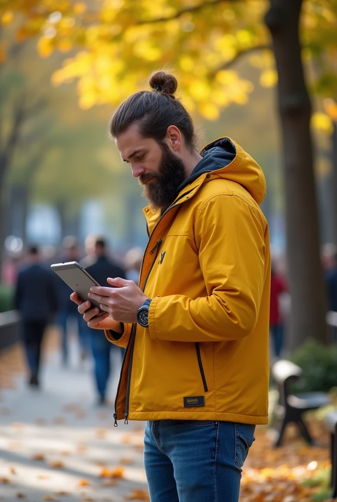 Beard man with yellow jacket Blue jeans with tablet