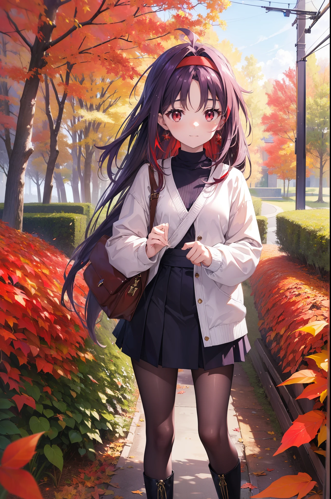 yuukikonno, Yuuki Konno, hair band, Long Hair, Pointed Ears, Purple Hair, Ahoge,(Red eyes:1.5), (Small breasts:1.2), smile,blush,Close your mouth,purple v neck sweater,mini skirt,Black pantyhose,short boots,Walking,autumn leaves,autumn leaves,scattered,autumn leavesが積もっている,Autumn sky,whole bodyがイラストに入るように,
break looking at viewer, whole body,
break outdoors, garden,forest, nature,
break (masterpiece:1.2), Highest quality, High resolution, unity 8k wallpaper, (figure:0.8), (Beautiful attention to detail:1.6), Highly detailed face, Perfect lighting, Highly detailed CG, (Perfect hands, Perfect Anatomy),