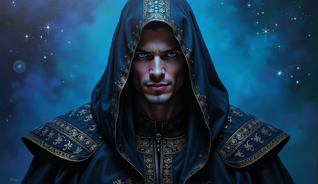 oil painting, foreground, man, dark ornate robe covers his head, face darkness, bright Eyes, smile