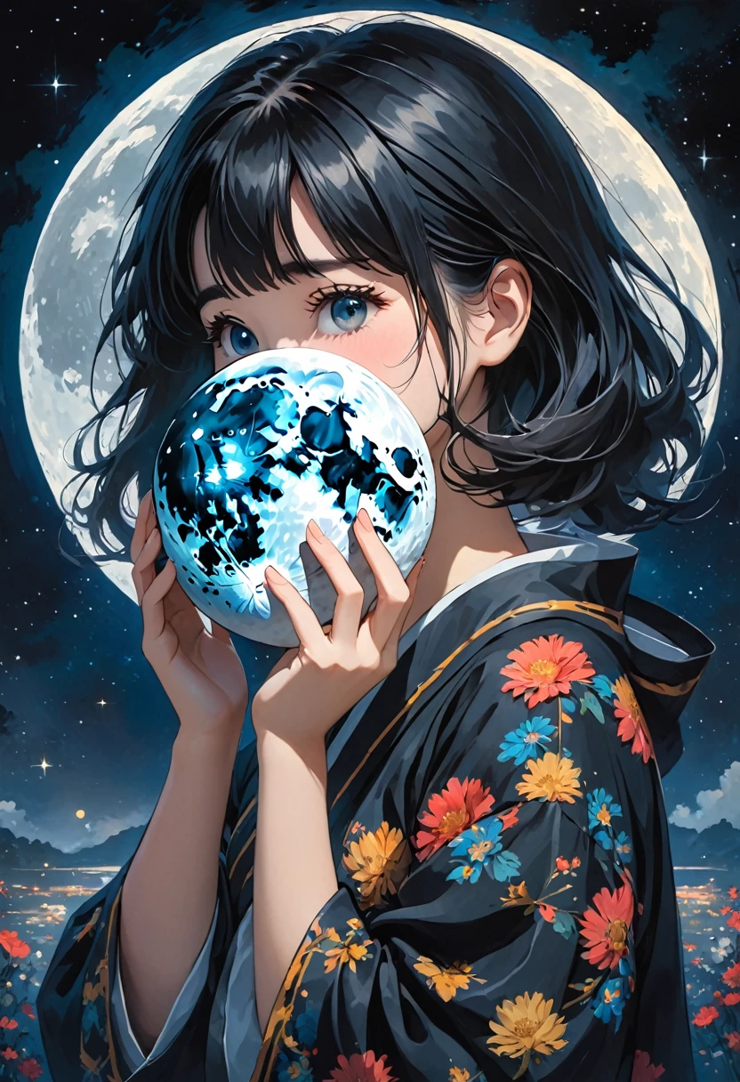a girl with her hands holding a moon in front of her face, 1girl, solo, black hair