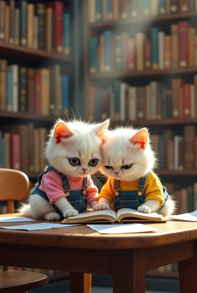  sad little white cat dressed in pink shirt and blue jeans and a white cat dressed in blue jeans and yellow shirt are studying book  in library 