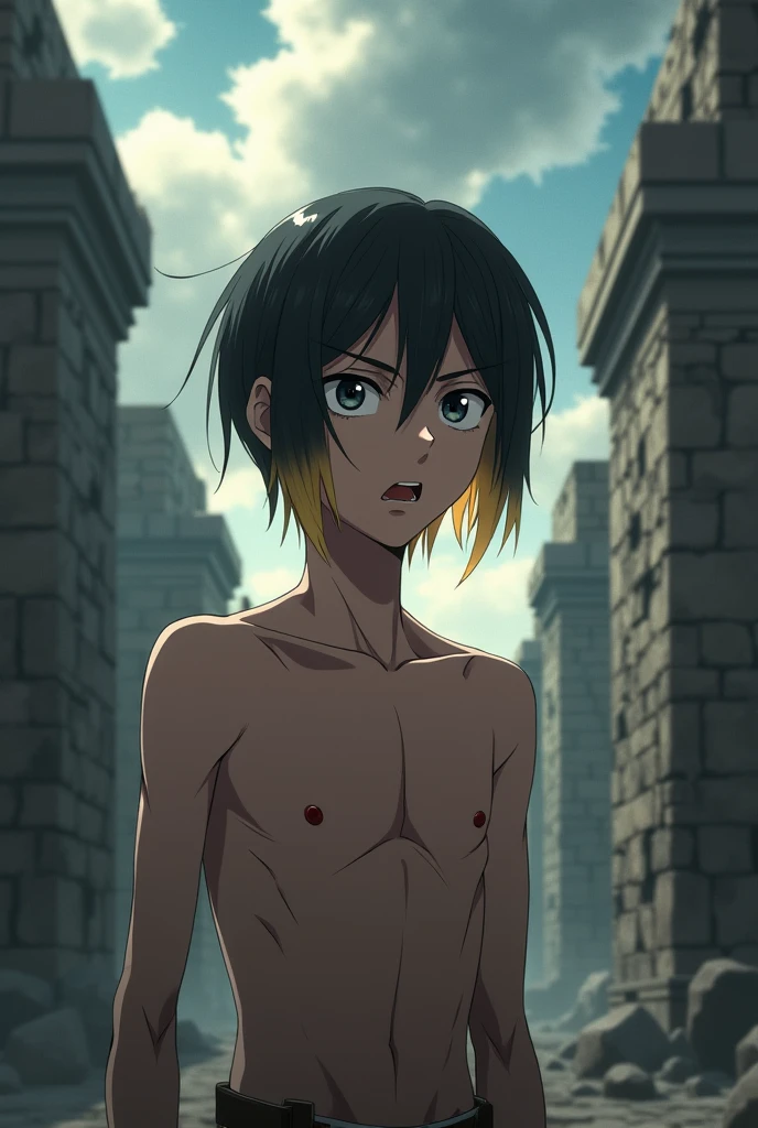 man, short hair, gotten up, blonde tips but black roots, upset expression, thick eyebrows, big black eyes, delgado, white, in the style of Attack on Titan anime