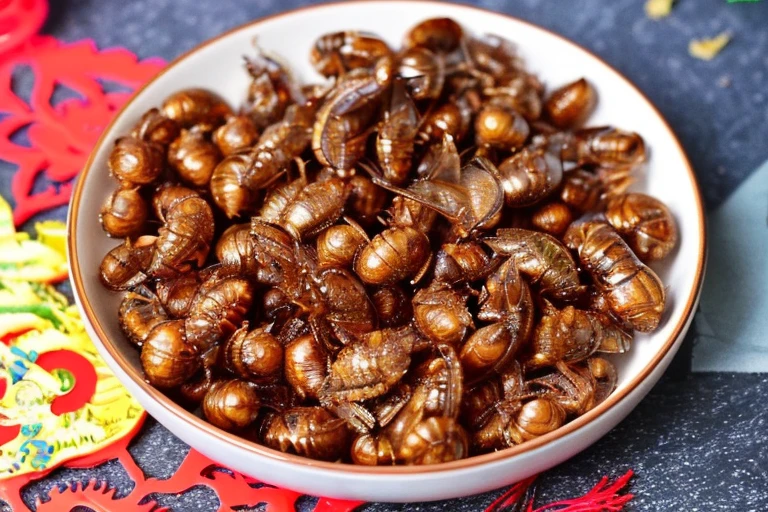 Create a cartoon based on this dish,Add the dish name "Golden Cicada",Keep the colors simple,