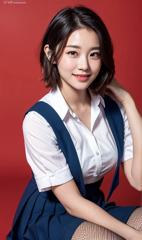 (a cute girl with short bob hair or ponytail, wearing a university student uniform, relaxing in romantic studio, hands on hip, wearing fishnet tights and loafers, with white shirt and a pleated skirt, kind smile, beautiful detailed eyes, beautiful detailed face, long eyelashes, beautiful detailed lips, dimpled cheeks, ample bosom, masterpiece, photo-realistic, ultra-detailed, 8k, high resolution portrait illustration, natural colors, bokeh night, simple red background, SFW, )