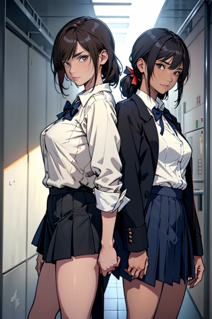 Anime Style,Two girls wearing the same uniform stand side by side,A tall girl with chestnut hair in a bob cut, large breasts, and kind, droopy eyes, and a short girl with long black hair in a ponytail, slim with small breasts and slanted eyes.,Navy blue blazer,White blouse,Orange bow ribbon,Grey flared skirt,Navy blue knee socks,Dark brown loafers,looks fun,Anatomically correct, High resolution, High detail, High-resolution model, Retina, Very detailed, Textured skin, There are two pairs of hands and feet, with five fingers on each side.