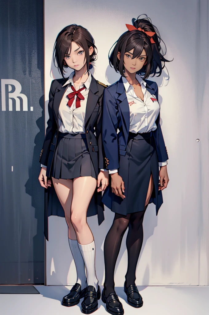 Anime Style,Two girls wearing the same uniform stand side by side,A tall girl with chestnut hair in a bob cut, large breasts, and kind, droopy eyes, and a short girl with long black hair in a ponytail, slim with small breasts and slanted eyes.,Navy blue blazer,White blouse,Orange bow ribbon,Grey flared skirt,Navy blue knee socks,Dark brown loafers,looks fun,Anatomically correct, High resolution, High detail, High-resolution model, Retina, Very detailed, Textured skin, There are two pairs of hands and feet, with five fingers on each side.