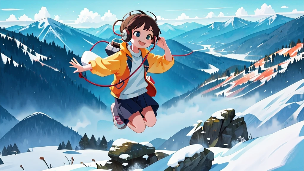 masterpiece,best quality,1girl use earphone listening music,mountain,jump,smile,dynamic