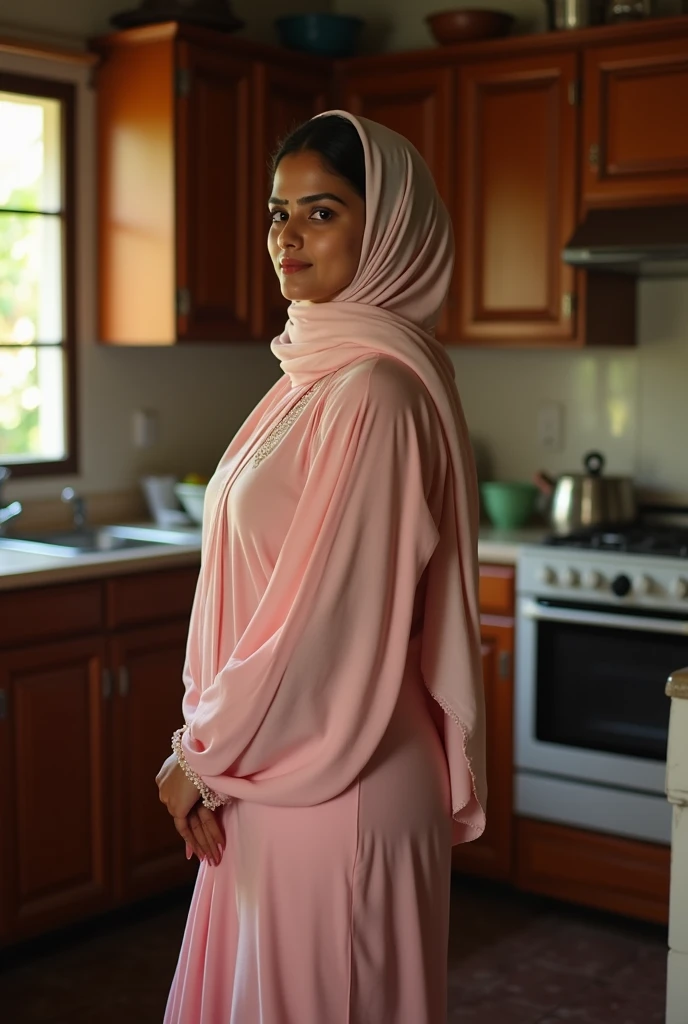 Hijab Indian curvy young female white fair skintone wearing sleepwear kerala  nighty hijab scarf in kerala kitchen Realistic image. body figure looks like actress nithya menon.big breast. No carpet. No indoor plants. Front view. Wearing hijab scarf