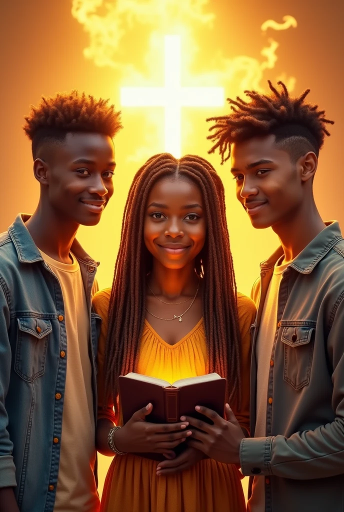 03 jeunes. Une , un garçon de , un garçon de 21 ans . Les cheveux courts pour les garçons. La fille tissé de coiffure africaine et tous noirs. Chrétiens avec un soupçon de flamme comme pour montrer la présence de Dieu. La fille au milieu avec une bible en main