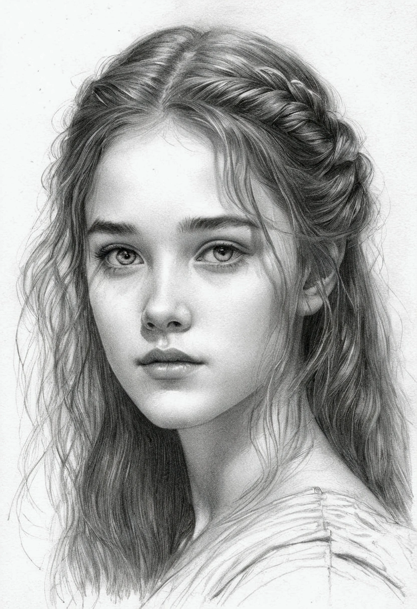 A delicate, graphite sketch portrays, a young beautiful Olivier Hussey in Romeo and Juliet movie, without background, her features rendered in subtle shading and precise lines. The framing is tight, focusing attention on the subject's serene face. Soft, feathery strokes convey the gentle texture of her hair,