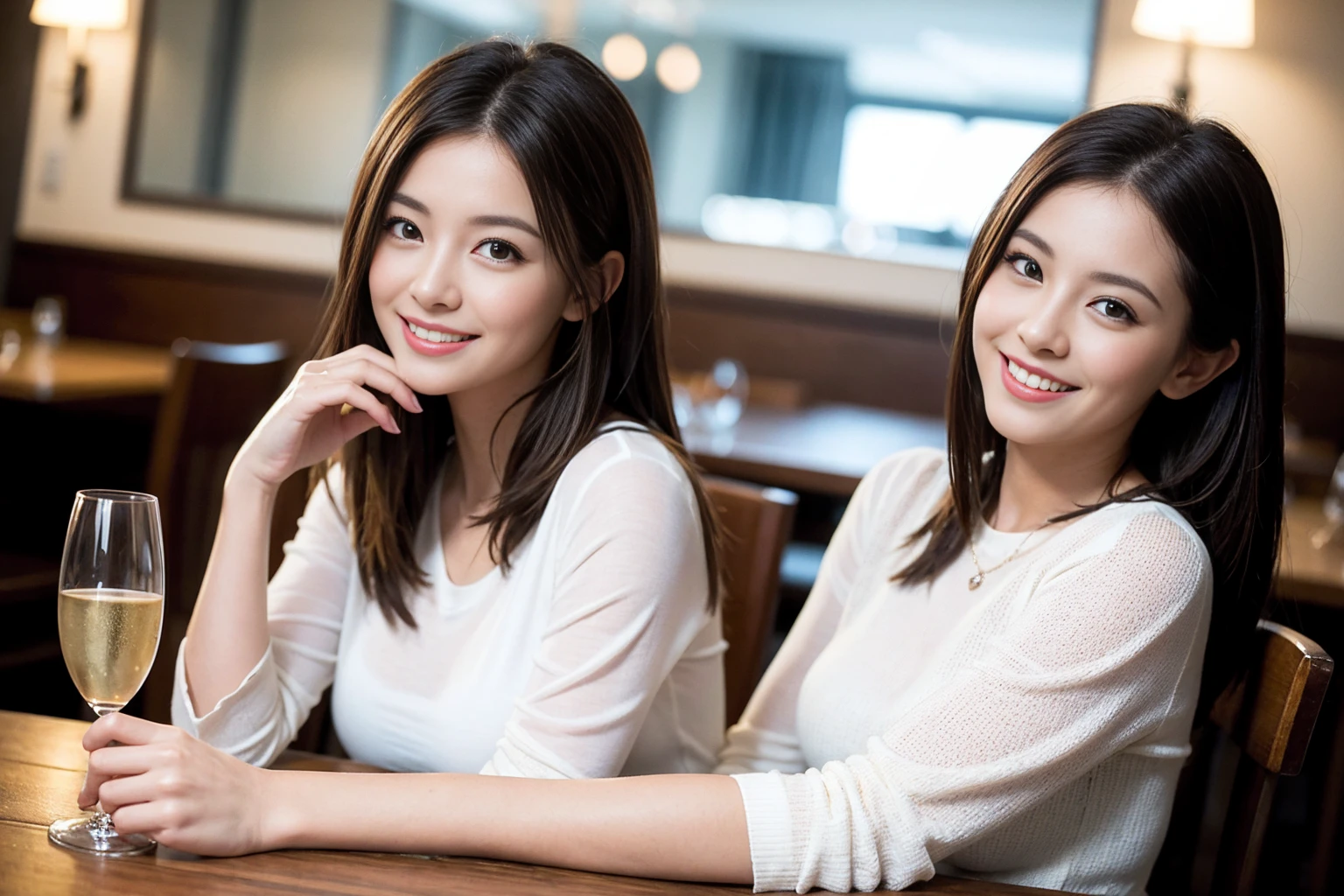 ((Highest quality、8k、masterpiece:1.3))、Beautiful woman who looks like Satomi Ishihara、1 male、1 female、Couple、spouse、half、The body is slim、((Bob Hale、Straight hair:1.2)), (Realistic, Intricate details:1.2), テーブルの上のwine glass、Put the light on your face、 Amazing view of the sunset sky and clouds、Amazing mountain views、A bright smile、The wonderfulness of smile、Bright image、The beauty of wine, Beautiful Face, blue eyes, The light shines on your face, blush, short hair,Bright Face、 (Age 37), 39 years old, red wine 、Appetizers、Italian food、Wine bottle、Champagne、sparkling wine、Two beauties、Brown Hair、Shortcuts、Long sleeve shirt、dress、Pretty Woman 1, (slimな顔), (The body is slim), (Brown Hair), (Shortcuts), cheeks turn a little red,Attractive beauty、restaurant, In a prominent place (From the waist up) Nova Frog Style, actress, model, Upper Body, White wine, slim, wine glass, A wine glass placed in the center, smile, (smile: 1.15), Beautiful fine grain, Depth f/2,saturation, High Contrast, Strong light and shadow,Moist Body:1.5、3D texture、Delicate eyes、Brown Hair、The hair is very shiny、