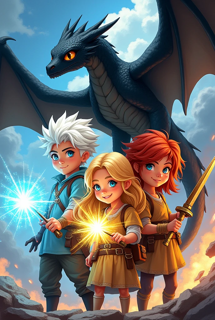 create comic image: a group of four friends with a white haired boy with ice powers, a blonde girl with yellow powers, another redhead with a bow and arrow, another with short curly hair holding a sword, with a black dragon on top of their heads.