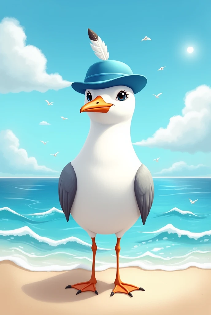 Draw a seagull who has a blue hat and is bowing.