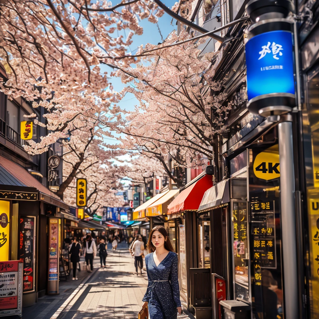 a bustling city street in tokyo, ginza district in summer, 1girl walking along the sidewalk, beautiful detailed eyes,beautiful detailed lips,extremely detailed eyes and face,longeyelashes, wearing a colorful summer dress, storefronts and shops on both sides of the street, neon signs and billboards, cherry blossom trees lining the street, warm golden afternoon sunlight, (best quality,4k,8k,highres,masterpiece:1.2),ultra-detailed,(realistic,photorealistic,photo-realistic:1.37),HDR,UHD,studio lighting,ultra-fine painting,physically-based rendering,extreme detail description,professional,vivid colors,bokeh,photography