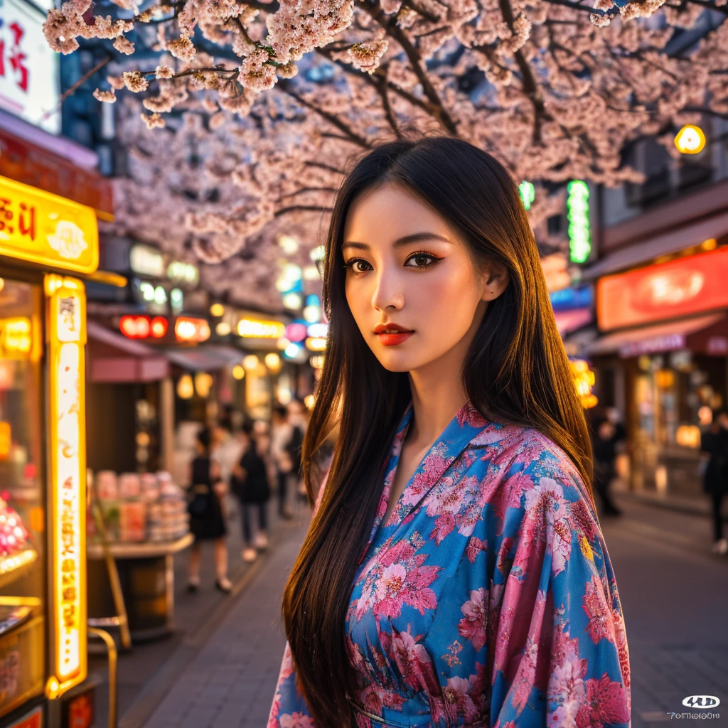 a bustling city street in tokyo, ginza district in summer, 1girl walking along the sidewalk, beautiful detailed eyes,beautiful detailed lips,extremely detailed eyes and face,longeyelashes, wearing a colorful summer dress, storefronts and shops on both sides of the street, neon signs and billboards, cherry blossom trees lining the street, warm golden afternoon sunlight, (best quality,4k,8k,highres,masterpiece:1.2),ultra-detailed,(realistic,photorealistic,photo-realistic:1.37),HDR,UHD,studio lighting,ultra-fine painting,physically-based rendering,extreme detail description,professional,vivid colors,bokeh,photography