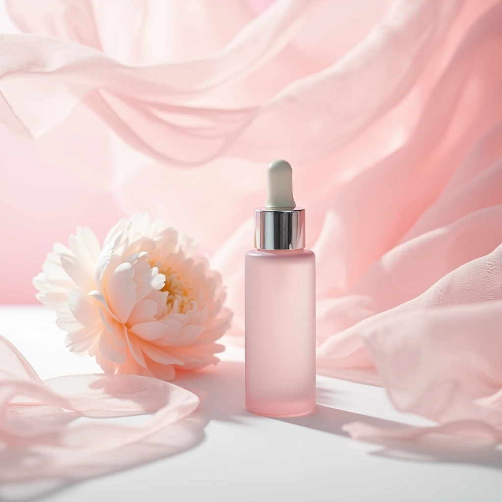 In this bottom view shot , the whitening essence bottle sits on a gleaming white surface , surrounded by wisps of pink chiffon . A peony flower next to the product. The bottle is slender and sophisticated , with a clear glass body and a gleaming silver cap . The chiffon adds a delicate , feminine touch to the image , while the clean lines and minimalist styling emphasize the elegance of the product .pink background . Shot by Ellen von Unwerth , using a Sony Alpha a7R IV and a Sony FE 50mm f /1.8 lens iw 2 --s 50