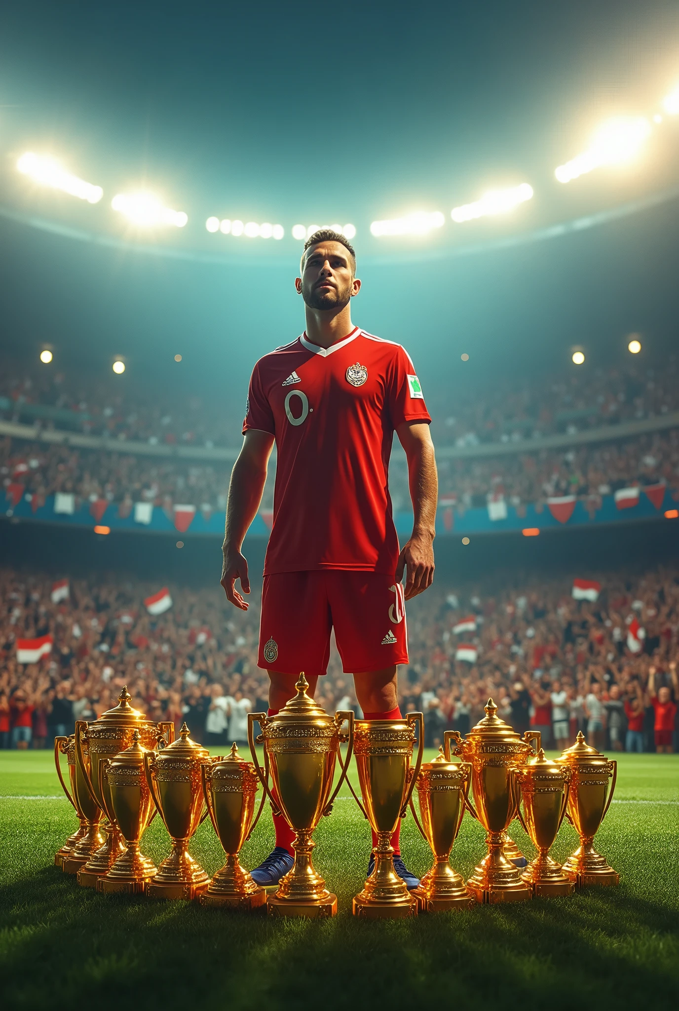 A football player standing in the center of a brightly lit football field, with a look of determination and pride. Surrounding him are numerous trophies and awards, symbolizing his individual and collective achievements. Behind him, a crowd of fans applauds fervently, while photographers capture the historic moment. The stadium in the background is grand, with packed stands, flags waving, and lights creating an epic and vibrant atmosphere. The image is incredibly realistic, with rich details in the faces of the fans, the shine of the trophies, and the victorious expression of the player, conveying the sense that he has reached the pinnacle of his career, becoming the best player in the world."