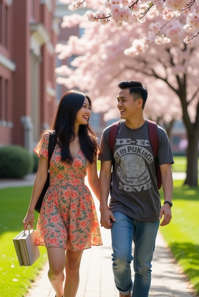 A couple of Asian students are walking side by side.