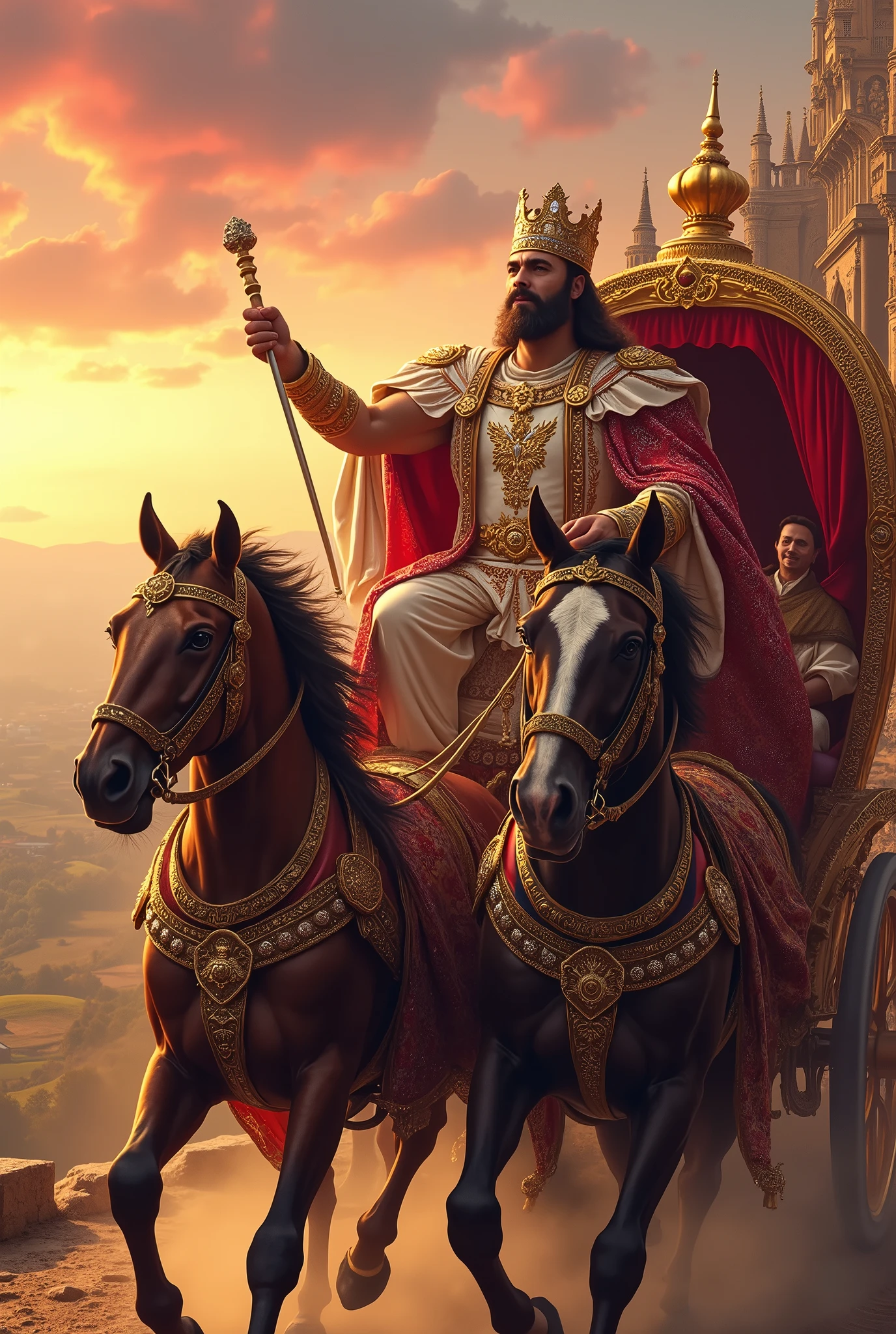 “A regal king riding in an ornate chariot, drawn by powerful horses. The chariot is adorned with intricate designs and luxurious fabrics. The king is dressed in elaborate, richly decorated robes and a crown, holding a scepter. The background features a grand, historic setting with a vibrant sky and distant landscape.”
