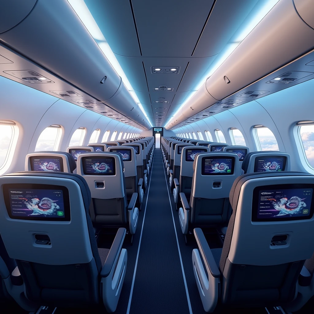 In the cockpit of the aircraft，You can see a lot of airplane seats，The seats have screens on the headrests，Real Effects，No passengers，Can see out the window and back of the seat，Camera rotates 45 degrees VR effect
