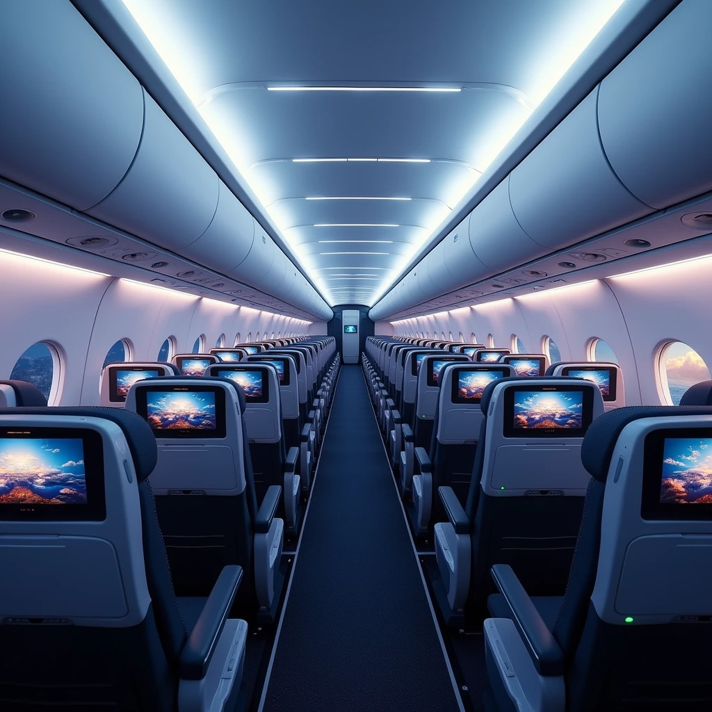 In the cockpit of the aircraft,You can see a lot of airplane seats,The seats have screens on the headrests,Real Effects,No passengers,Can see out the window and back of the seat,Camera rotates 45 degrees VR effect