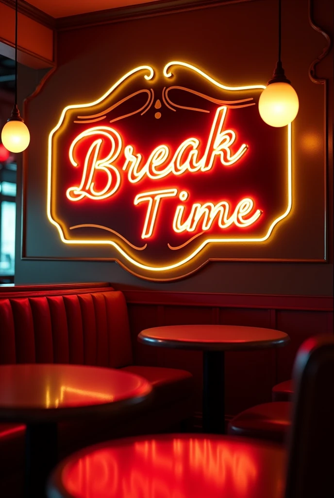 "Break time" Fast food logo in sophisticated and vintage style with neon lights and dark background