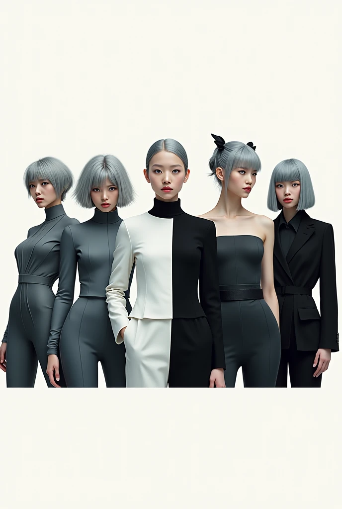 (masterpiece, Best Quality, hyper Realistic:1.4), The avant-garde, A mysterious and sophisticated young Japanese woman with blue eyes wears futuristic and sexy fashion art. Create a horizontal illustration suitable for a fashion account header on social media. The composition features several women with gray hair styled in various modern and chic hairstyles, each striking a model pose. The models are dressed in a range of monochrome outfits, designed with a minimalist aesthetic that captures a futuristic theme suitable for all seasons. The fashion includes sleek, form-fitting jumpsuits, asymmetrical dresses, and tailored outerwear, all in Concrete, white, and shades of gray. The overall image should convey a sense of sophistication, modernity, and timeless style, with a clean and elegant visual impact