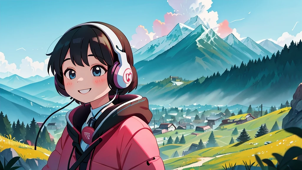 masterpiece,best quality,1girl use earphone listening music,mountain,smile,dynamic