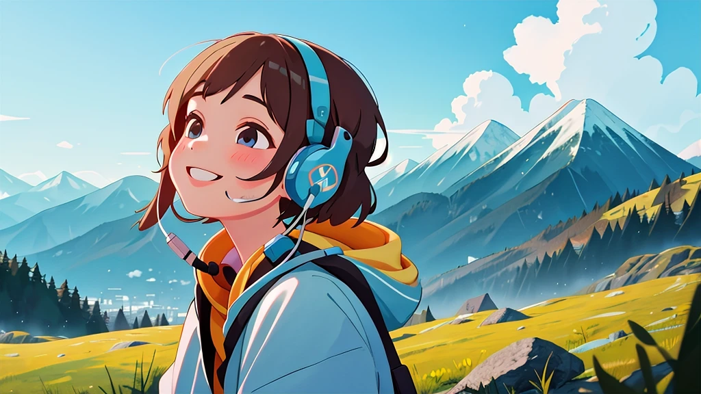 masterpiece,best quality,1girl use earphone listening music,mountain,smile,dynamic