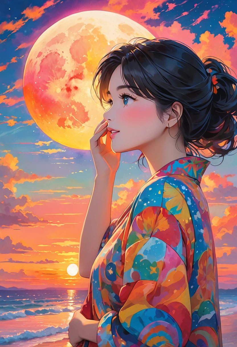 a woman holding a moon to her face in front of a colorful sunset, 1girl, solo, black hair